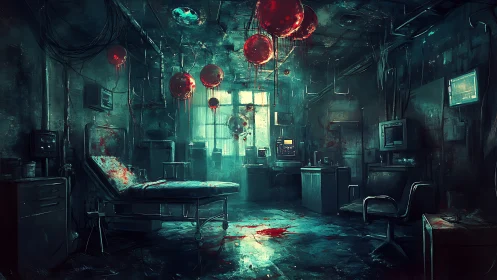 Decrepit surgical lab with suspended red bio-spheres and blood traces