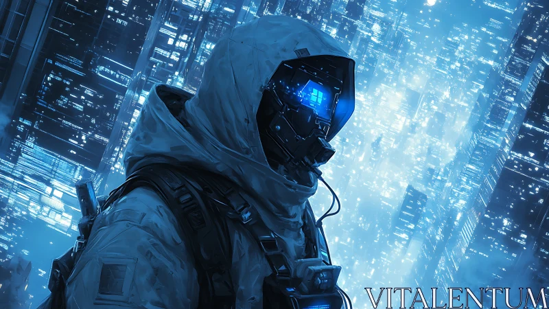 Futuristic armored figure in blue neon cyberpunk city.