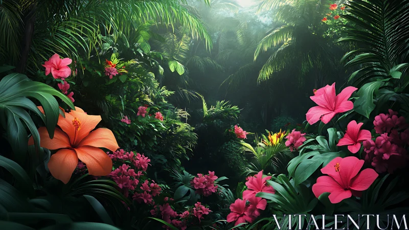 Lush jungle blooms glow under misty emerald canopy.