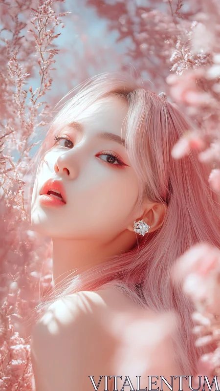 Female subject with pink hair amid dense pastel foliage