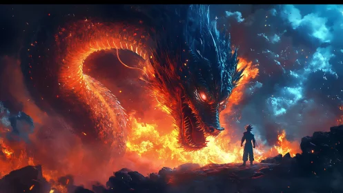 Inferno crowned dragon confronts lone storm-born warrior.