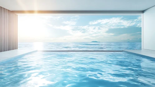 Infinity pool merges with bright ocean horizon at sunrise