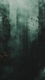 Misty green ruins rising quietly through drifting city fog.