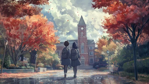 Students walking toward brick clocktower in autumn campus.