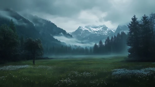Moody alpine valley with mist-layered conifers and snowcapped massif