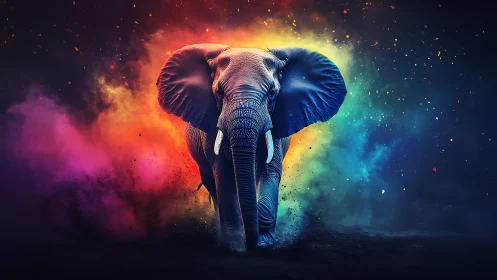 Elephant rendered in vivid multicolor digital burst scene.
