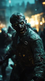Photorealistic undead soldier in cinematic street horror scene.