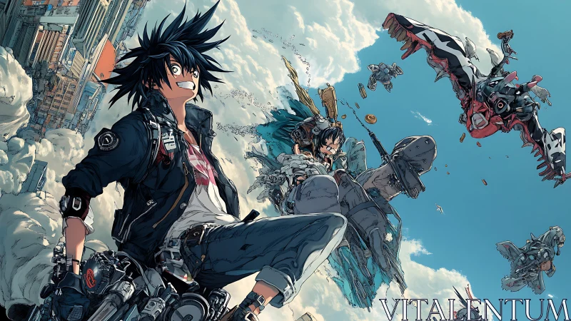 Skybound punk riders clash with mecha raptors above clouds.