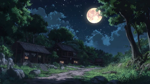 Gentle moonlit village path glows softly under starry skies