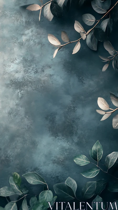 Eucalyptus leaves frame a textured teal background softly.