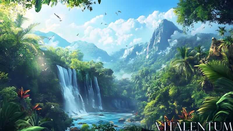 Sunlit jungle waterfalls welcoming you into wild calm.