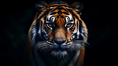 Majestic tiger stares through darkness in dramatic contrast