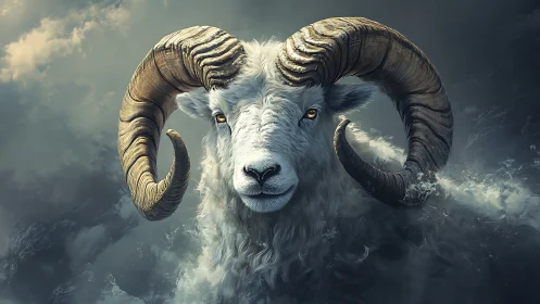 Storm crowned ram gazes through thundercloud surf in silence