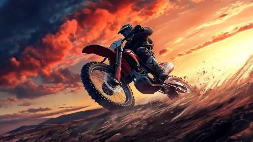 Sunset dirt bike fury carving fire across stormy skies.
