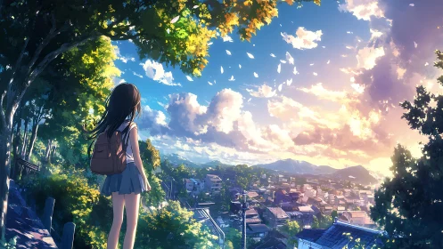 Anime hillside overlook with luminous sky gradient composition.