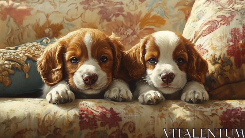 Cavalier spaniel puppies resting on ornate floral sofa.