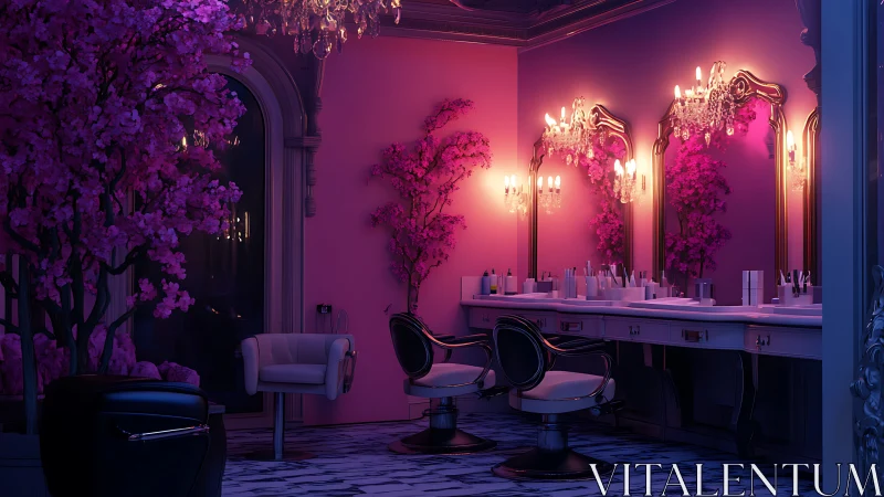 Chromatic salon vanity with magenta bloom reflections.