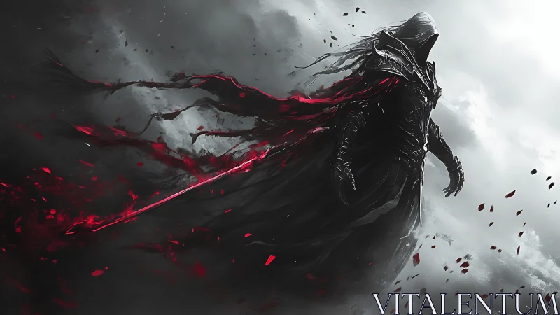 Hooded dark warrior with flowing red energy in storm.