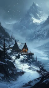 Remote wooden cabin with warm lights in icy mountain valley.