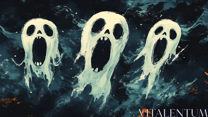 Three distorted spectral faces float against a dark backdrop