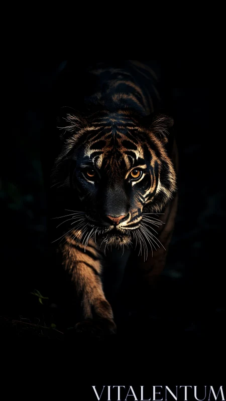 Low key portrait of stalking tiger in dramatic chiaroscuro light