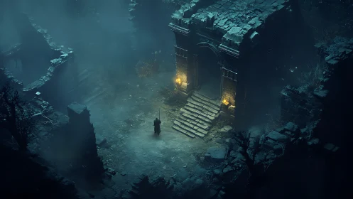 Lone wanderer approaches a misty ruin lit by golden torches