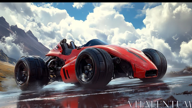 Aerodynamic red trike hypercar with oversized slick tires on wet plain