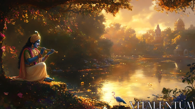 Blue-skinned figure plays flute beside reflective river at dusk