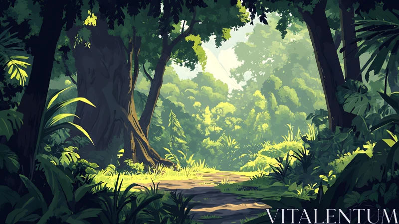 Dense forest interior with luminous clearing and layered canopy depth