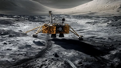 Photorealistic lunar lander on cratered regolith plain at dusk.