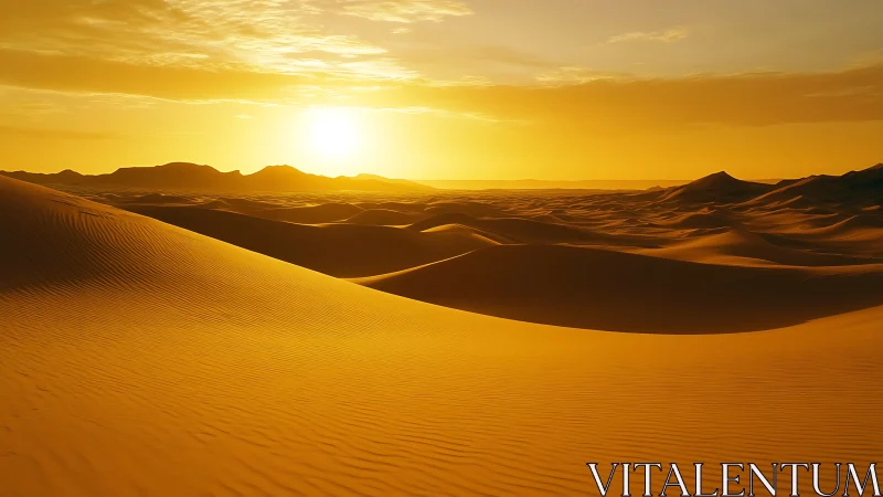 Golden desert dunes under low sun casting long shadows.