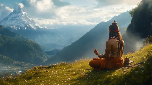 Meditating ascetic overlooking sunlit alpine valley panorama