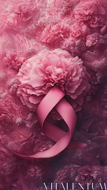 Digital floral ribbon emblem in monochrome pink relief composition.