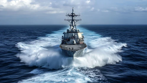 Naval destroyer advances through open sea at cruising speed