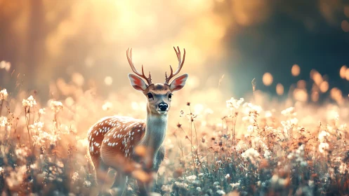 Young spotted deer stands in soft backlit meadow at sunrise