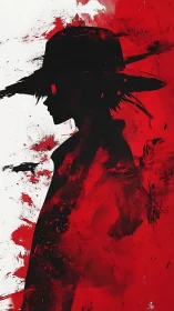 Graphic red silhouette portrait in expressive ink style.