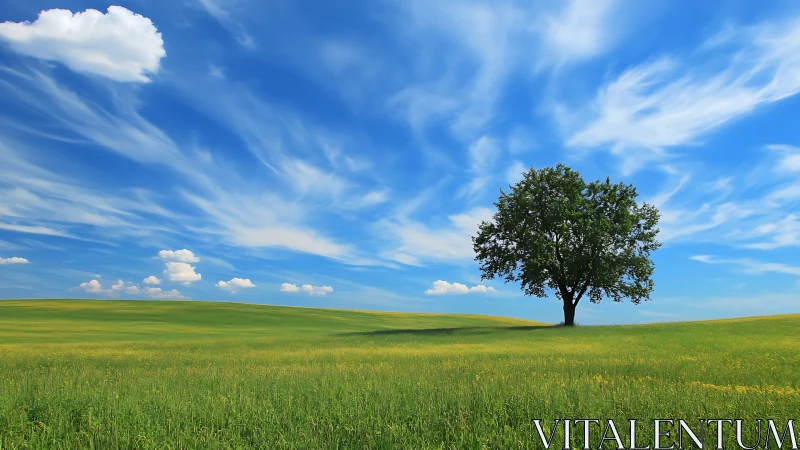 Solitary deciduous tree on rolling meadow under cirrus sky