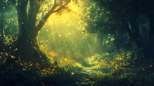 Forest Glen with Filtered Sunlight Through Dense Canopy