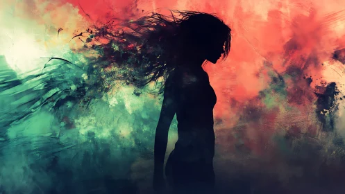 Digital painting silhouette in turbulent dual-color aurora field.