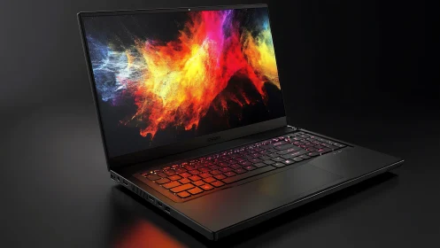 Firestorm display ignites a sleek black creative laptop.