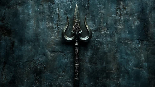 Ancient trident spear against dark textured stone wall.