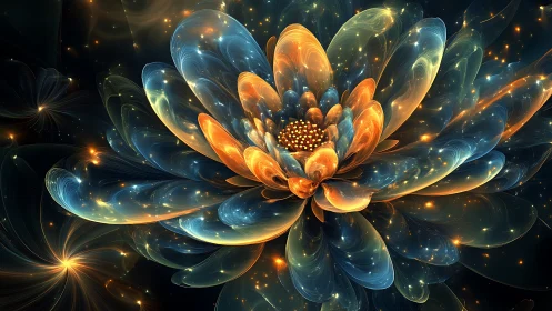 Luminous fractal lotus blooms with radiant cosmic petals.