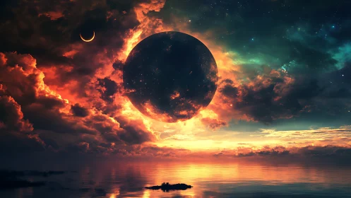 Cosmic eclipse over neon horizon with blazing volumetric clouds.