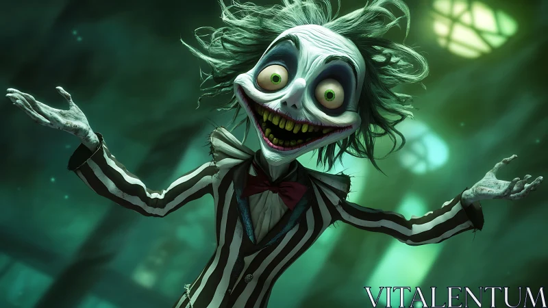 Grinning ghoul in striped suit lunges forward under green glow