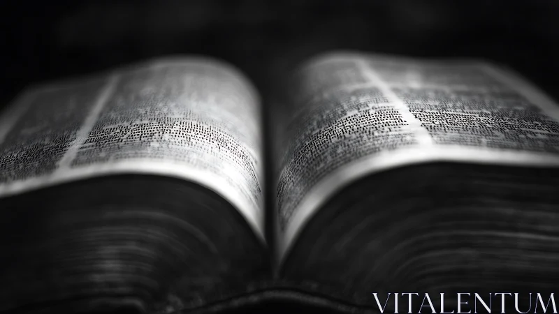 Open printed book lies in shallow focus black and white