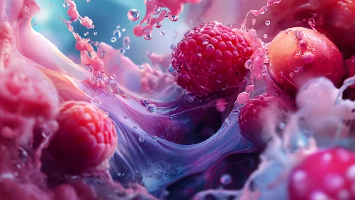 Macro rendering of raspberries in turbulent pink fluid simulation