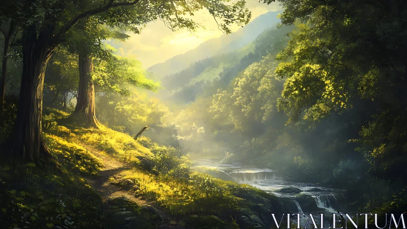 Mountain Forest River Valley Dawn Light.