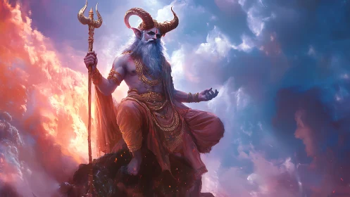 Horned sky deity meditates over fiery and celestial clouds