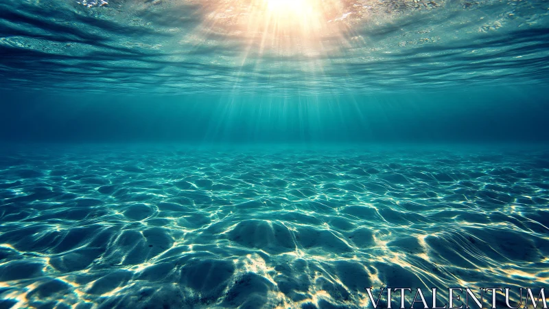 Photorealistic undersea vista with refracted sunlight patterns.