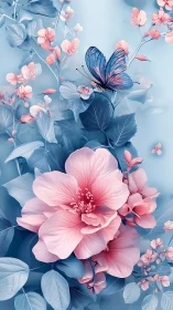 Blue and Pink Floral Composition with Butterfly.